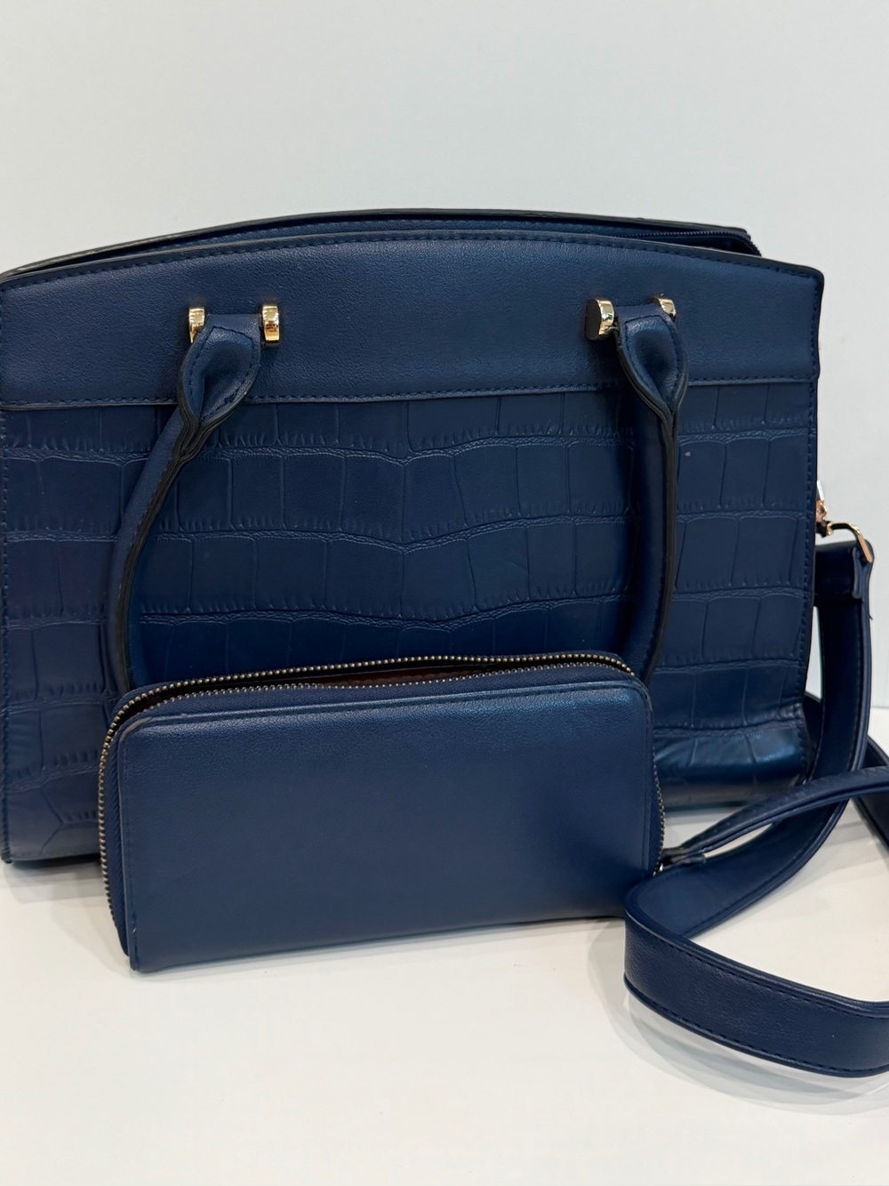 Women's Navy Croc-Textured Tote with Matching Wallet